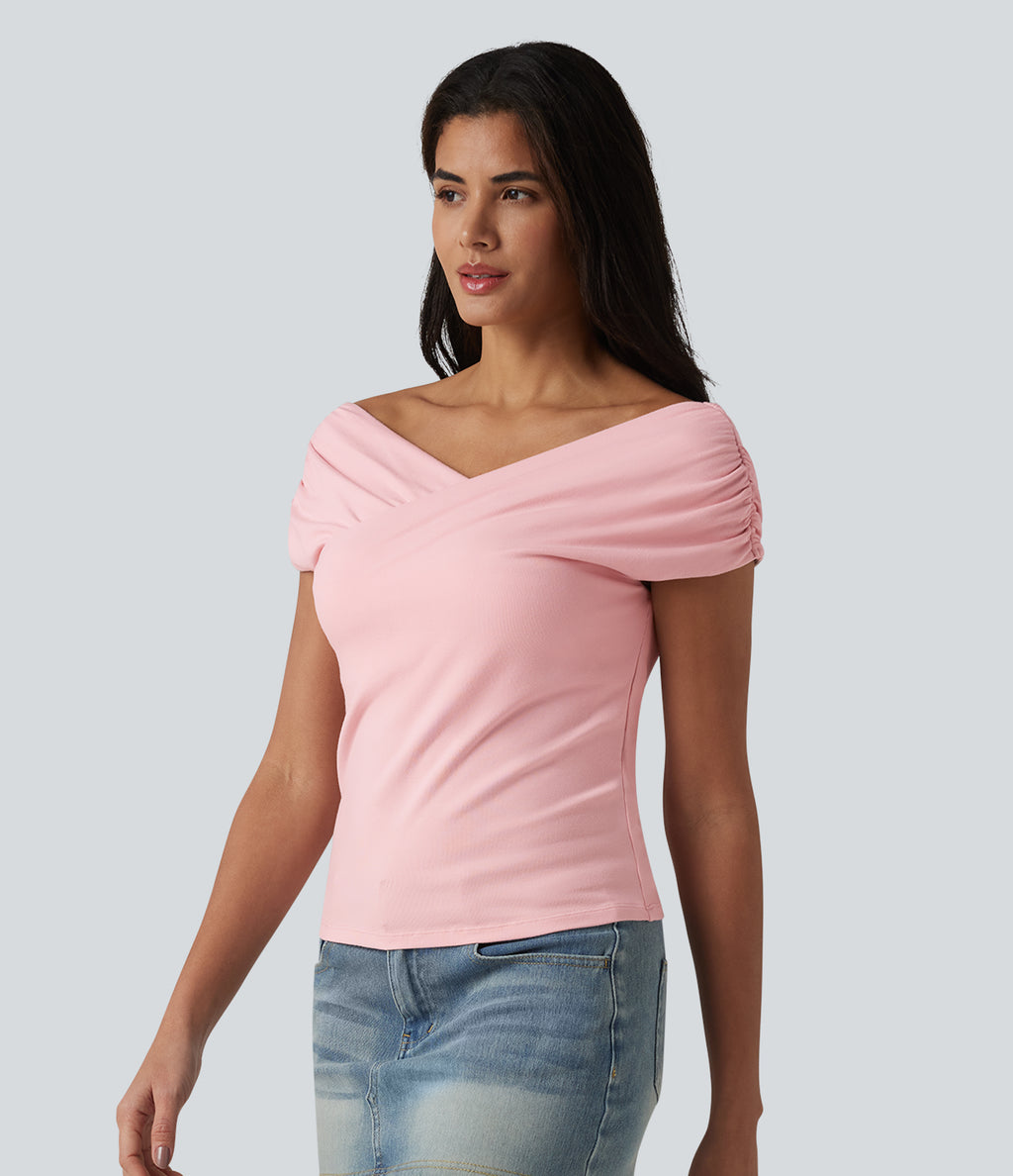 Ribbed Knit Built-in Bra Short Sleeve Casual T-Shirt — Veiled Pink — view 4
