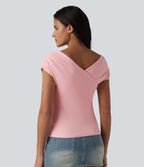 Ribbed Knit Built-in Bra Short Sleeve Casual T-Shirt — Veiled Pink — view 2