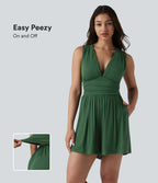 Ribbed V-neck Sleeveless Ruched Built-in Bra Casual Playsuit with Pockets — Dark Verdant Green — view 1
