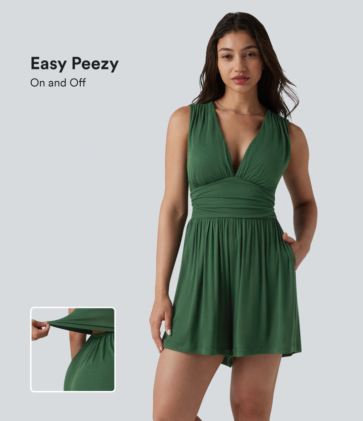 Ribbed V-neck Sleeveless Ruched Built-in Bra Casual Playsuit with Pockets — Dark Verdant Green — view 1