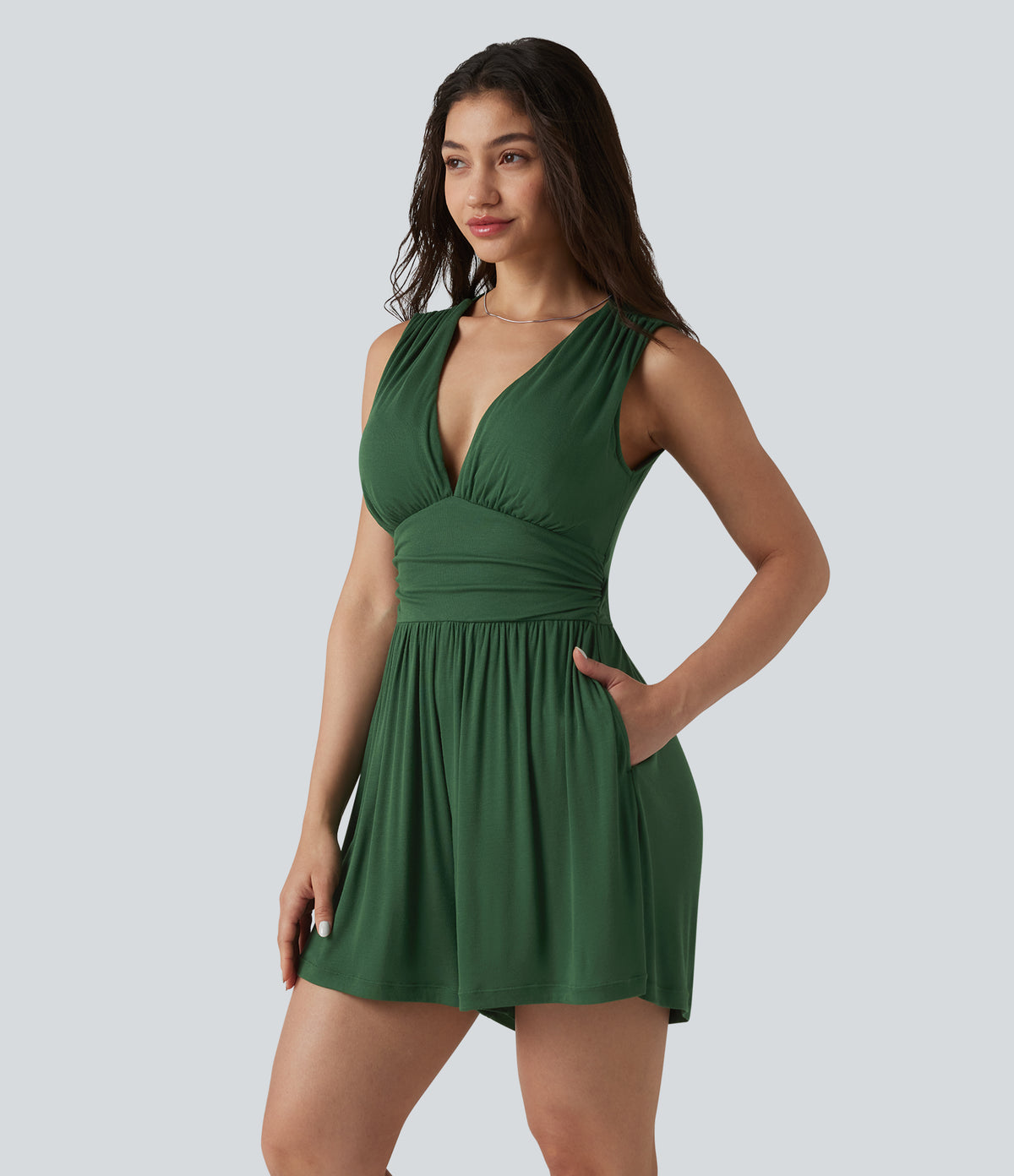 Ribbed V-neck Sleeveless Ruched Built-in Bra Casual Playsuit with Pockets — Dark Verdant Green — view 3