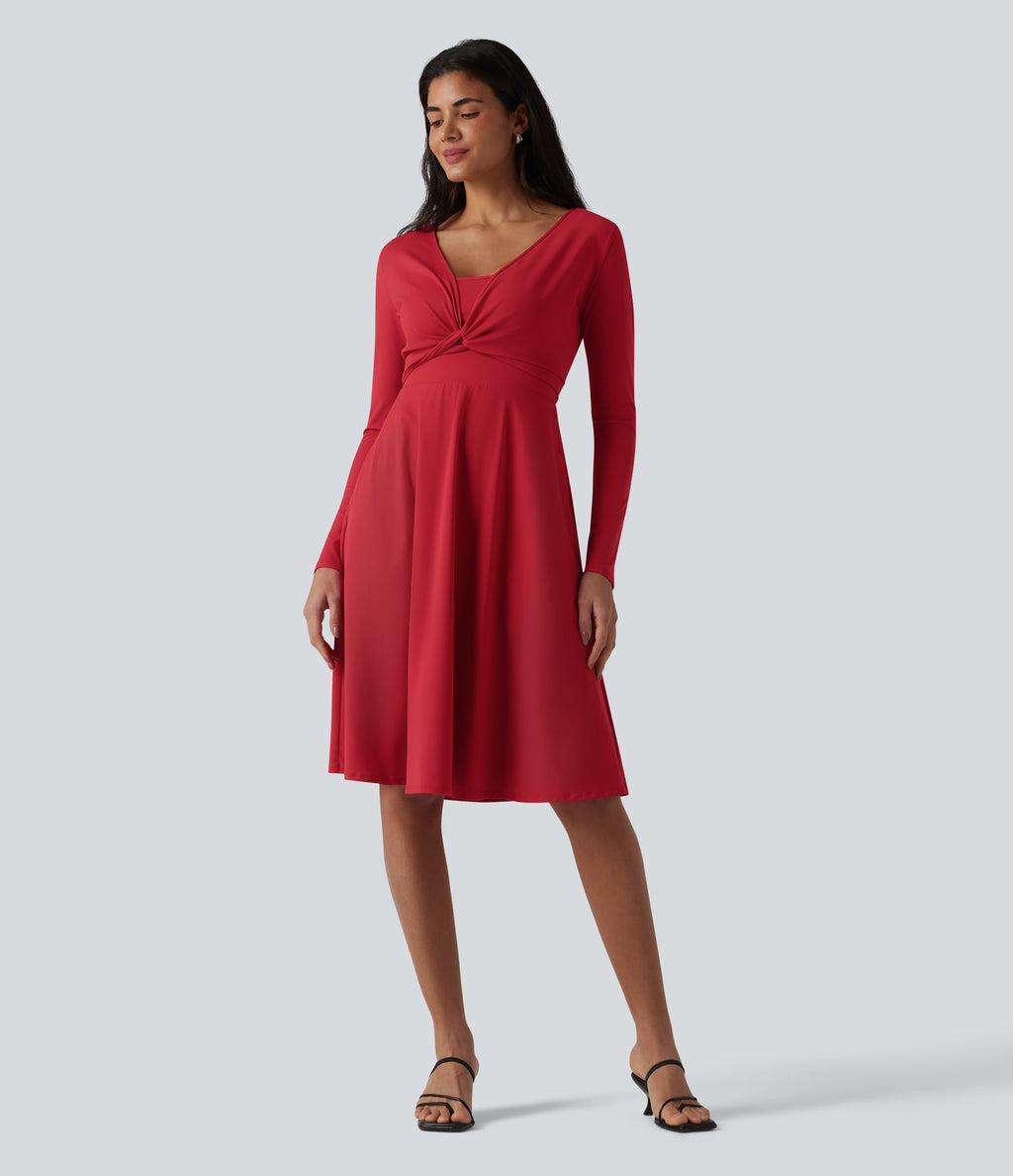 Airy Long Sleeve Wrapped 2-Piece InstantCool Midi Dress with Pockets — Salsa — view 6