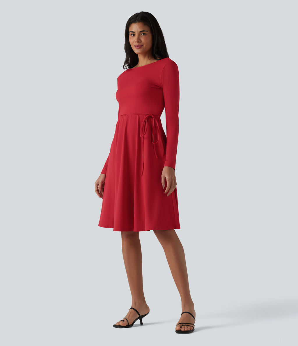 Airy Long Sleeve Wrapped 2-Piece InstantCool Midi Dress with Pockets — Salsa — view 7