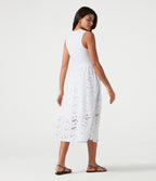 Round Neck Sleeveless Midi Embroidery Eyelet Resort Dress with Pockets — Frost White — view 2