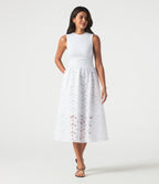 Round Neck Sleeveless Midi Embroidery Eyelet Resort Dress with Pockets — Frost White — view 3