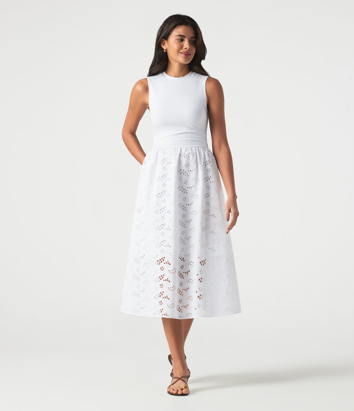 Round Neck Sleeveless Midi Embroidery Eyelet Resort Dress with Pockets — Frost White — view 3