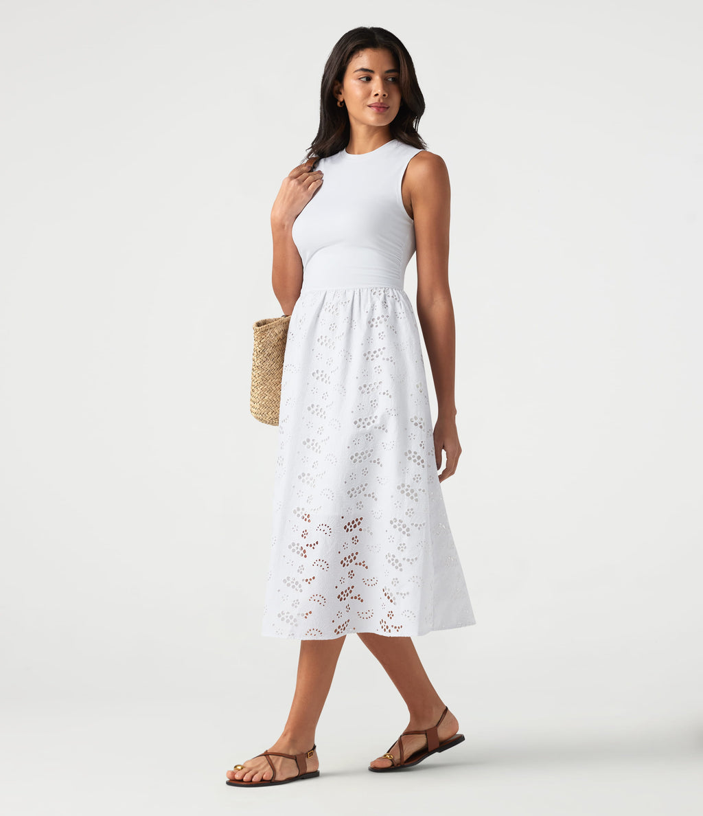 Round Neck Sleeveless Midi Embroidery Eyelet Resort Dress with Pockets — Frost White — view 1