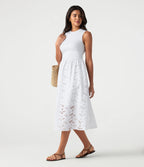 Round Neck Sleeveless Midi Embroidery Eyelet Resort Dress with Pockets — Frost White — view 1