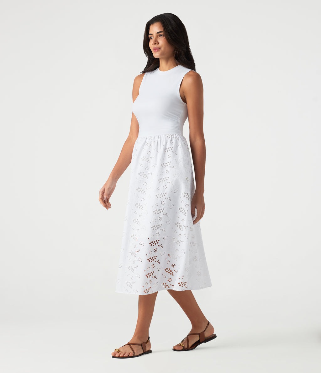 Round Neck Sleeveless Midi Embroidery Eyelet Resort Dress with Pockets — Frost White — view 4