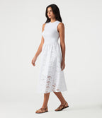 Round Neck Sleeveless Midi Embroidery Eyelet Resort Dress with Pockets — Frost White — view 4