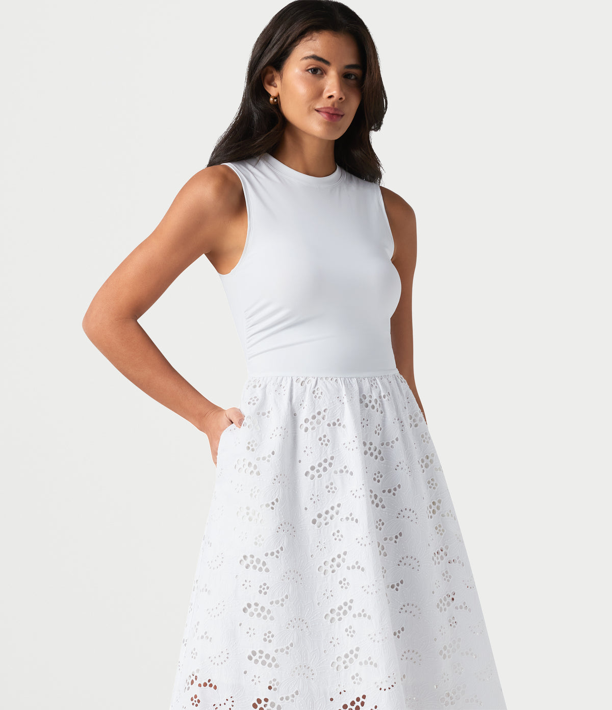 Round Neck Sleeveless Midi Embroidery Eyelet Resort Dress with Pockets — Frost White — view 5