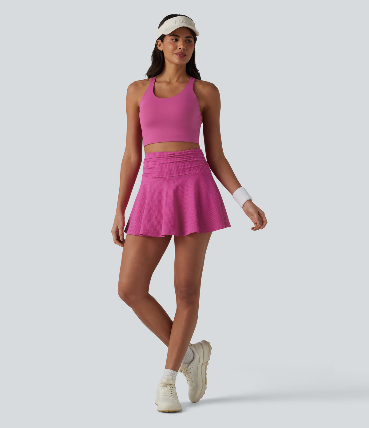 High Waisted 2-in-1 Quick Dry Flare Mini Tennis Skirt with Pockets-UPF40+ — Rosewood Ribbed — view 7