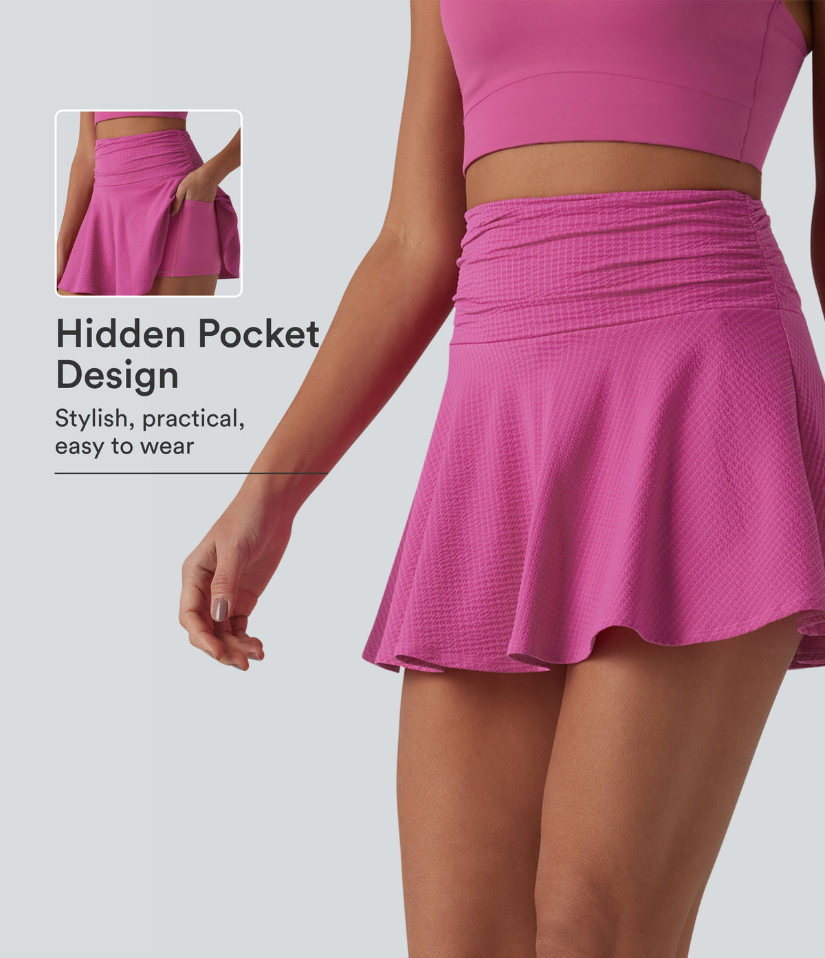 High Waisted 2-in-1 Quick Dry Flare Mini Tennis Skirt with Pockets-UPF40+ — Rosewood Ribbed — view 1