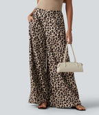 High Waisted Wide Leg Leopard Print Casual Trousers with Pockets — Gold Leopard Print — view 1