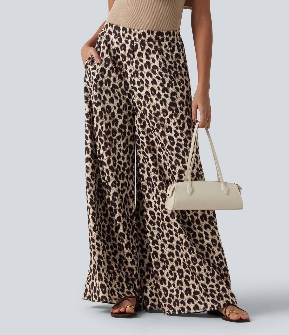 High Waisted Wide Leg Leopard Print Casual Trousers with Pockets — Gold Leopard Print — view 1