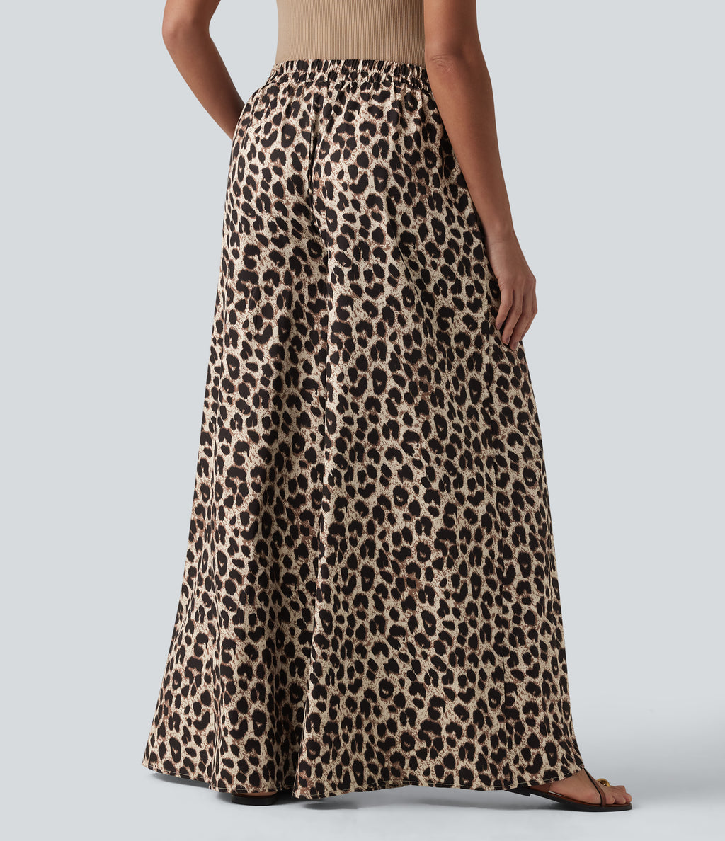 High Waisted Wide Leg Leopard Print Casual Trousers with Pockets — Gold Leopard Print — view 2