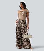 High Waisted Wide Leg Leopard Print Casual Trousers with Pockets — Gold Leopard Print — view 7