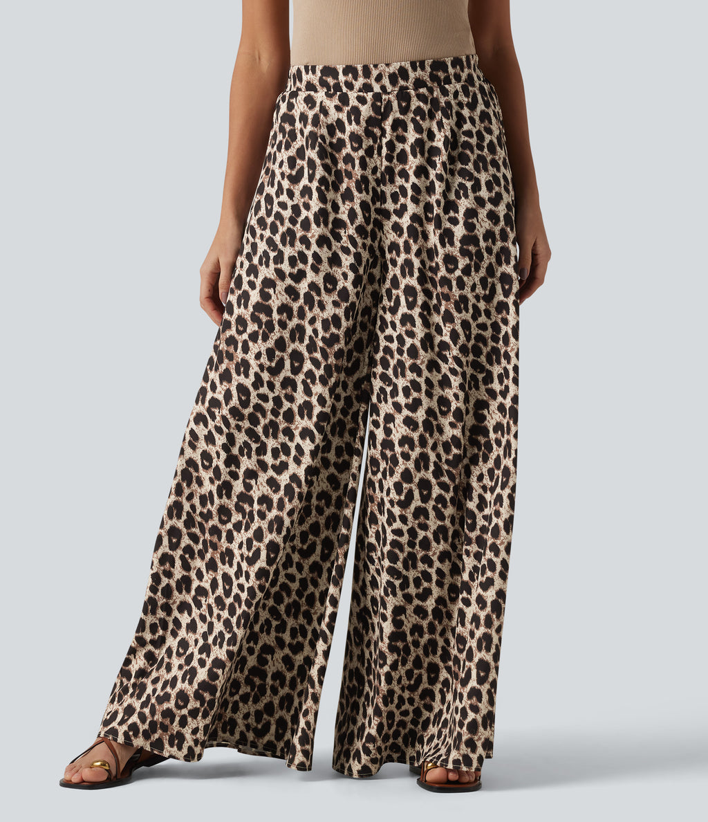 High Waisted Wide Leg Leopard Print Casual Trousers with Pockets — Gold Leopard Print — view 3