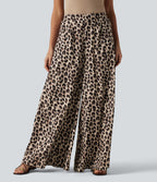 High Waisted Wide Leg Leopard Print Casual Trousers with Pockets — Gold Leopard Print — view 3