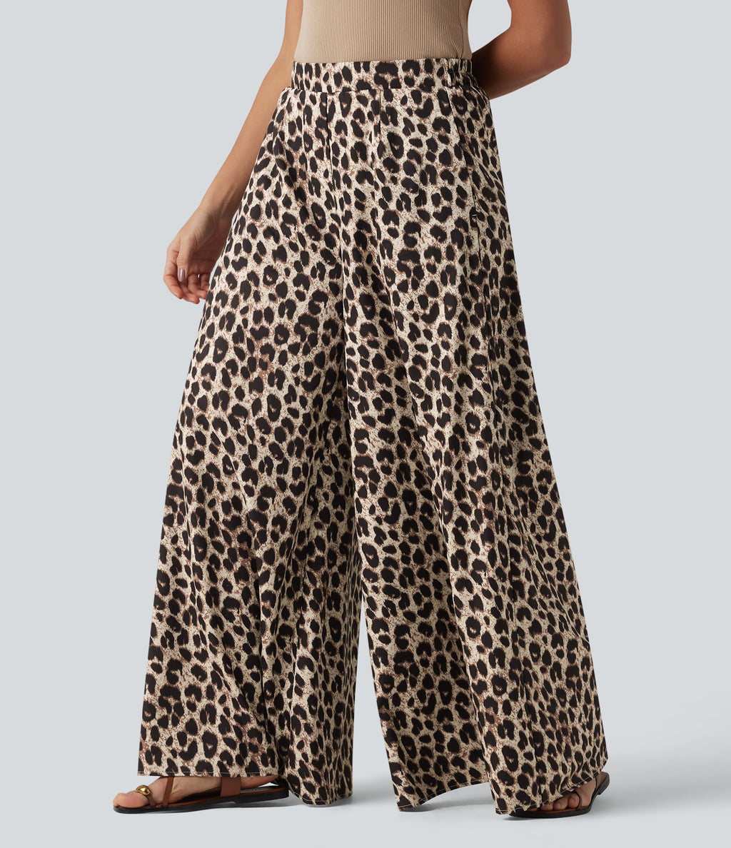 High Waisted Wide Leg Leopard Print Casual Trousers with Pockets — Gold Leopard Print — view 4