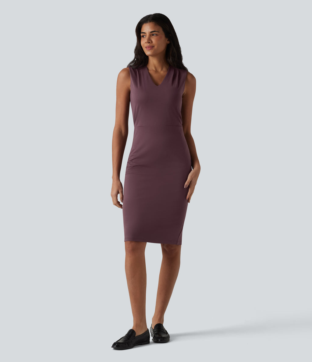 V Neck Sleeveless Tummy Control Built-in Shapewear Midi Work Dress — Plum Wine — view 4