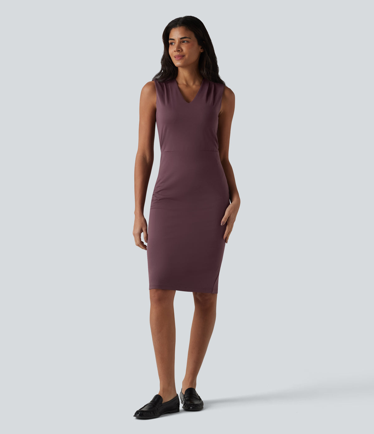 V Neck Sleeveless Tummy Control Built-in Shapewear Midi Work Dress — Plum Wine — view 4