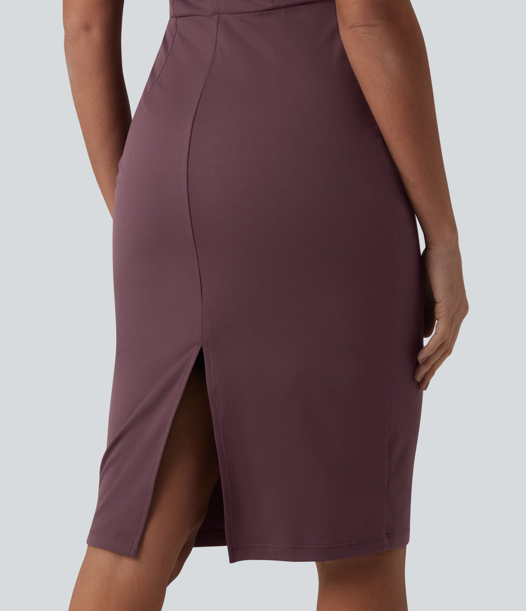 V Neck Sleeveless Tummy Control Built-in Shapewear Midi Work Dress — Plum Wine — view 8