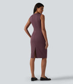 V Neck Sleeveless Tummy Control Built-in Shapewear Midi Work Dress — Plum Wine — view 3