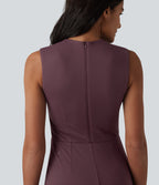 V Neck Sleeveless Tummy Control Built-in Shapewear Midi Work Dress — Plum Wine — view 6