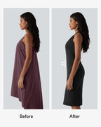 V Neck Sleeveless Tummy Control Built-in Shapewear Midi Work Dress — Plum Wine — view 2
