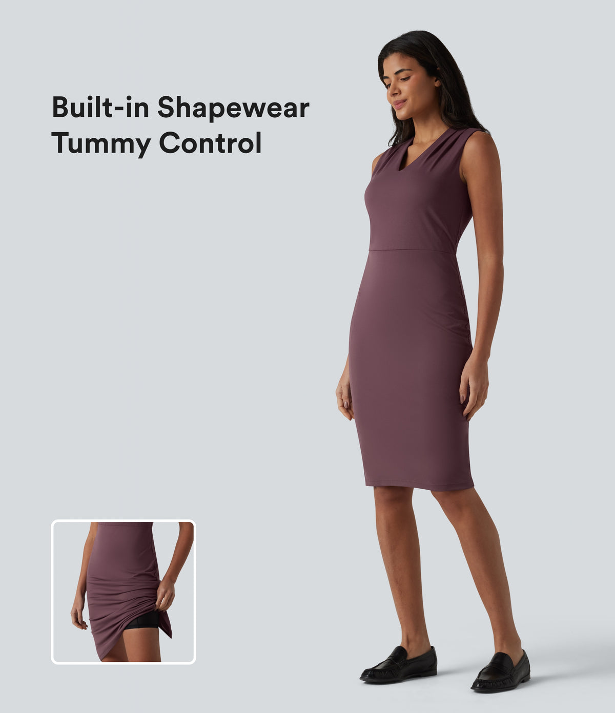 V Neck Sleeveless Tummy Control Built-in Shapewear Midi Work Dress — Plum Wine — view 1