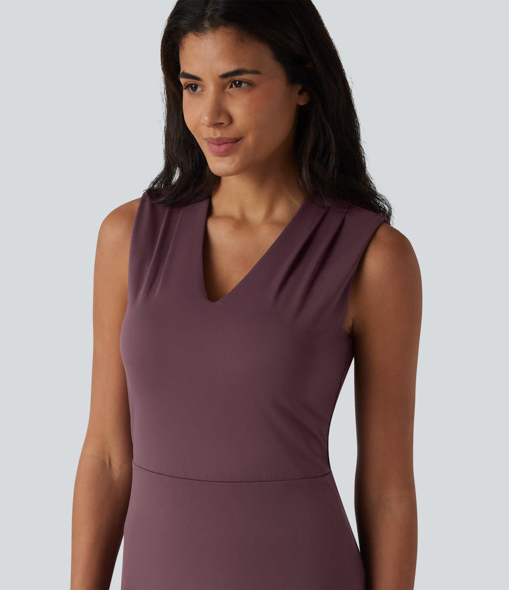 V Neck Sleeveless Tummy Control Built-in Shapewear Midi Work Dress — Plum Wine — view 5
