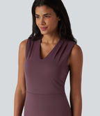 V Neck Sleeveless Tummy Control Built-in Shapewear Midi Work Dress — Plum Wine — view 5