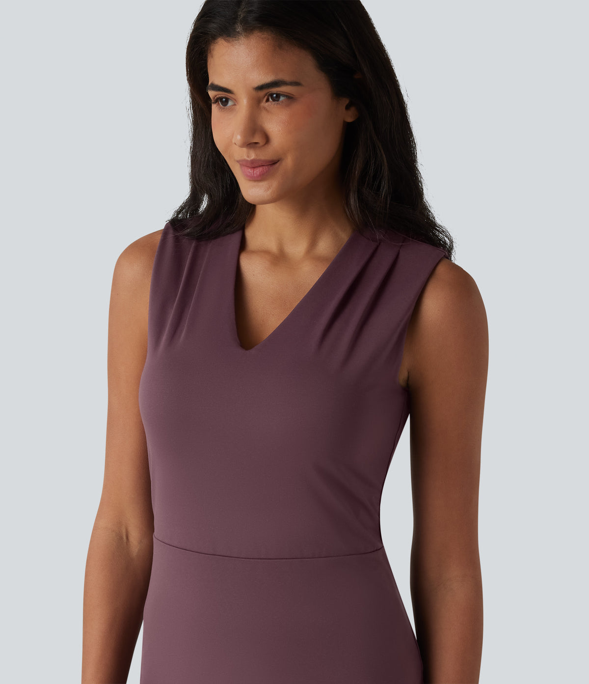V Neck Sleeveless Tummy Control Built-in Shapewear Midi Work Dress — Plum Wine — view 5