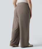 Plus Size Ribbed Knit High Waisted Tummy Control Drawstring Wide Leg Casual Trousers with Pockets — Taupe Stripe — view 2