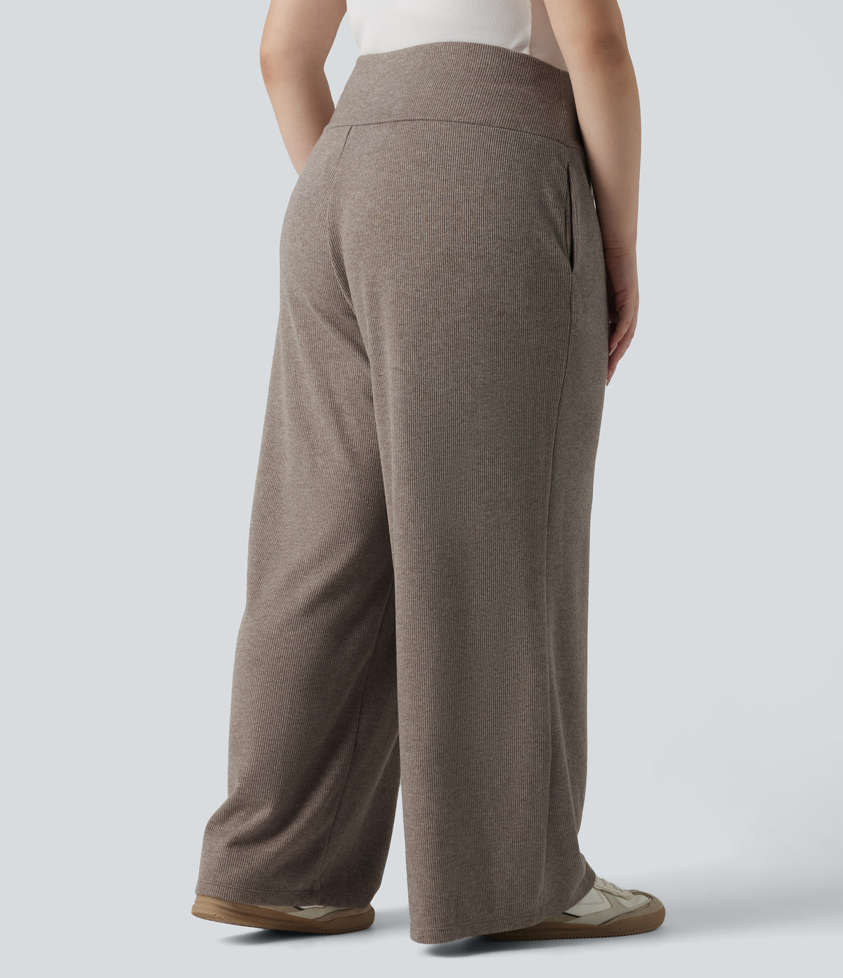 Plus Size Ribbed Knit High Waisted Tummy Control Drawstring Wide Leg Casual Trousers with Pockets — Taupe Stripe — view 2