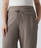 Plus Size Ribbed Knit High Waisted Tummy Control Drawstring Wide Leg Casual Trousers with Pockets — Taupe Stripe — view 5