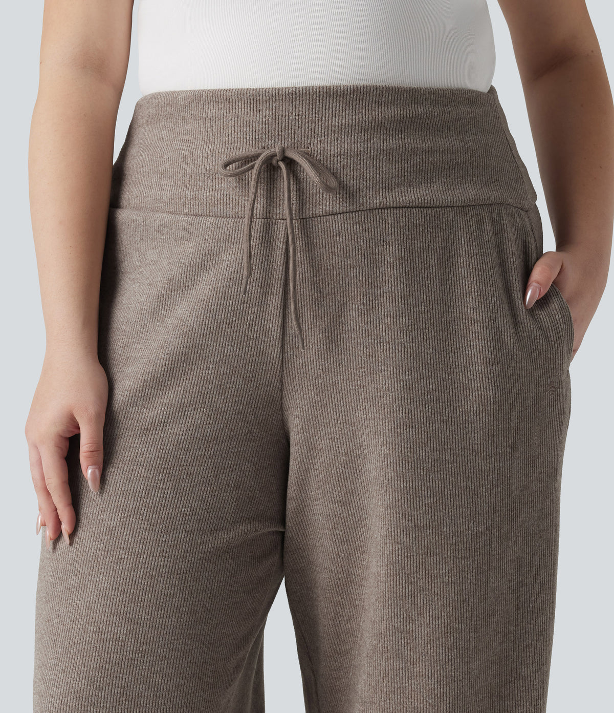 Plus Size Ribbed Knit High Waisted Tummy Control Drawstring Wide Leg Casual Trousers with Pockets — Taupe Stripe — view 5