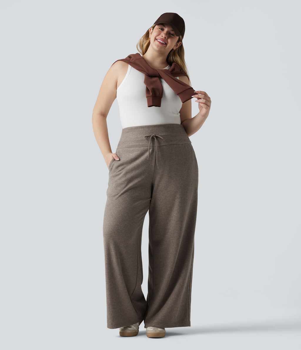 Plus Size Ribbed Knit High Waisted Tummy Control Drawstring Wide Leg Casual Trousers with Pockets — Taupe Stripe — view 6