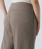 Plus Size Ribbed Knit High Waisted Tummy Control Drawstring Wide Leg Casual Trousers with Pockets — Taupe Stripe — view 4