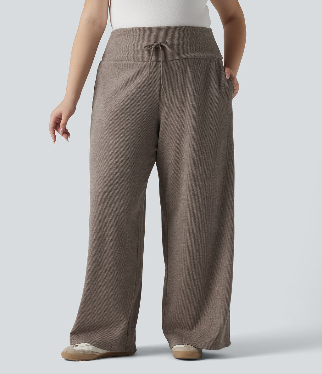 Plus Size Ribbed Knit High Waisted Tummy Control Drawstring Wide Leg Casual Trousers with Pockets — Taupe Stripe — view 3