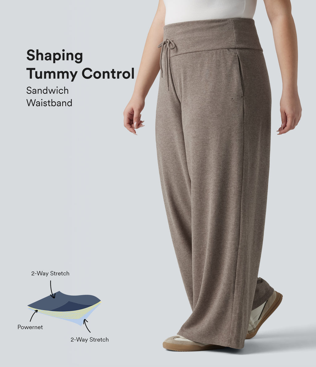 Plus Size Ribbed Knit High Waisted Tummy Control Drawstring Wide Leg Casual Trousers with Pockets — Taupe Stripe — view 1