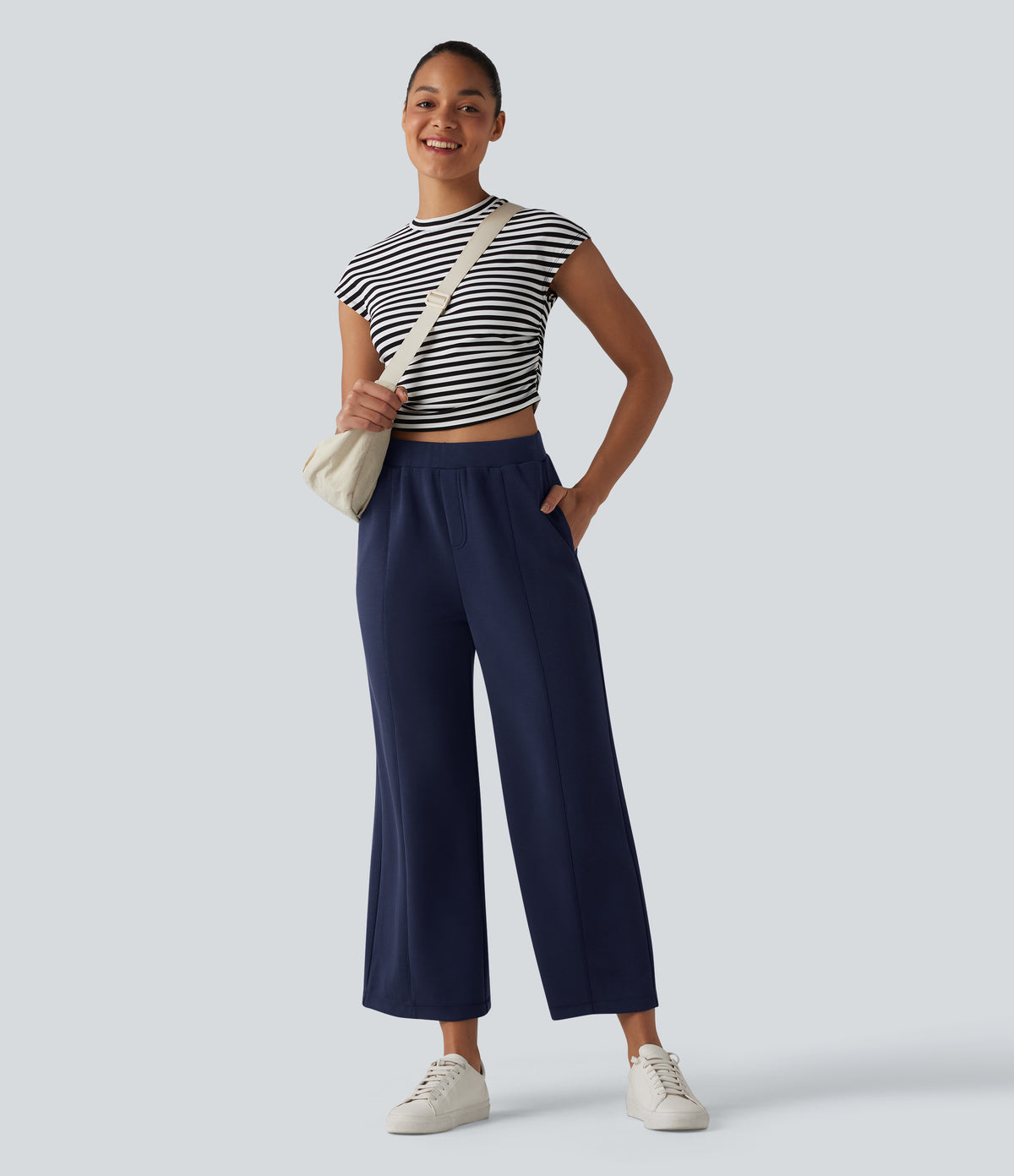 SpacerTek High Waisted Wide Leg Casual Trousers with Pockets — Peacoat — view 5