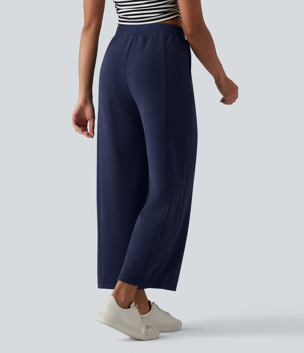 SpacerTek High Waisted Wide Leg Casual Trousers with Pockets — Peacoat — view 2