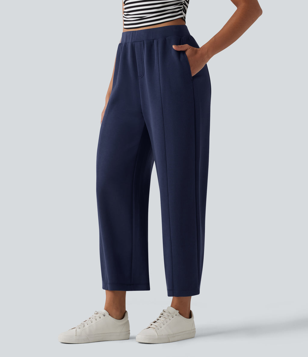 SpacerTek High Waisted Wide Leg Casual Trousers with Pockets — Peacoat — view 3