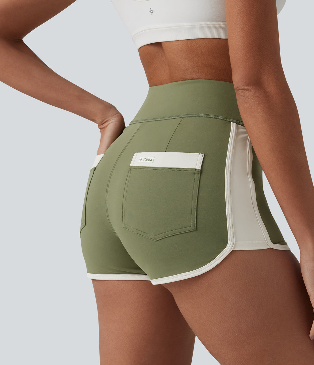Airy High Waisted Color Block InstantCool Workout Shorts 2.5'' with Pockets — Loden Green — view 4
