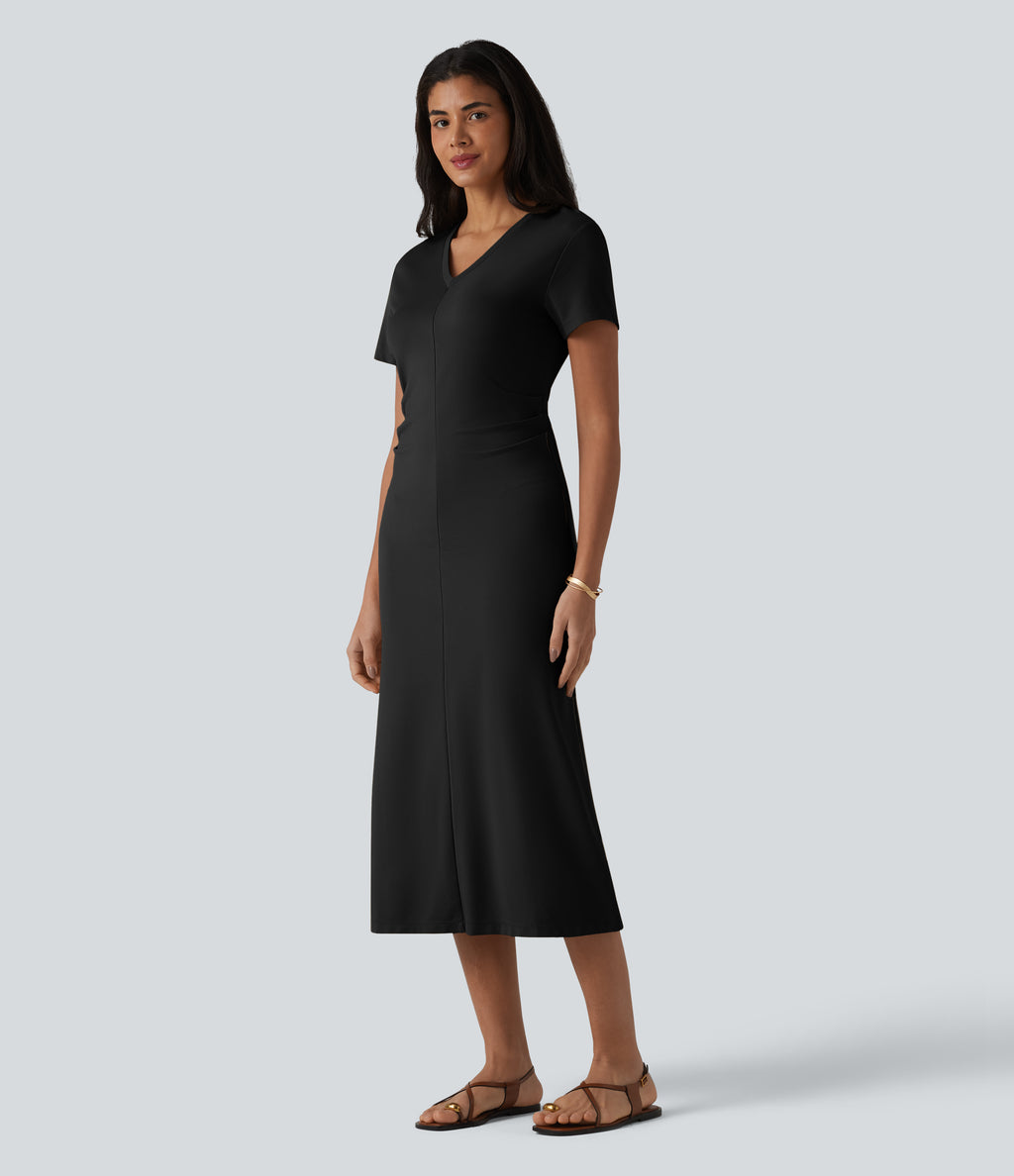 V Neck Short Sleeve Midi Casual Dress — Black — view 6
