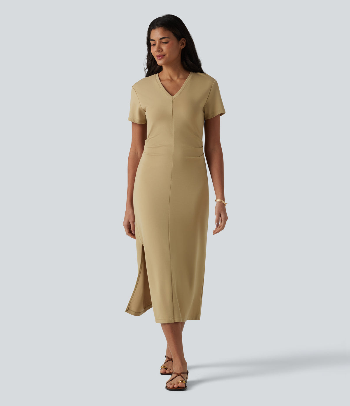 V Neck Short Sleeve Midi Casual Dress — Taos Taupe — view 3