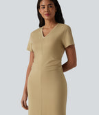 V Neck Short Sleeve Midi Casual Dress — Taos Taupe — view 4