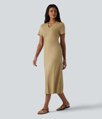 V Neck Short Sleeve Midi Casual Dress — Taos Taupe — view 1